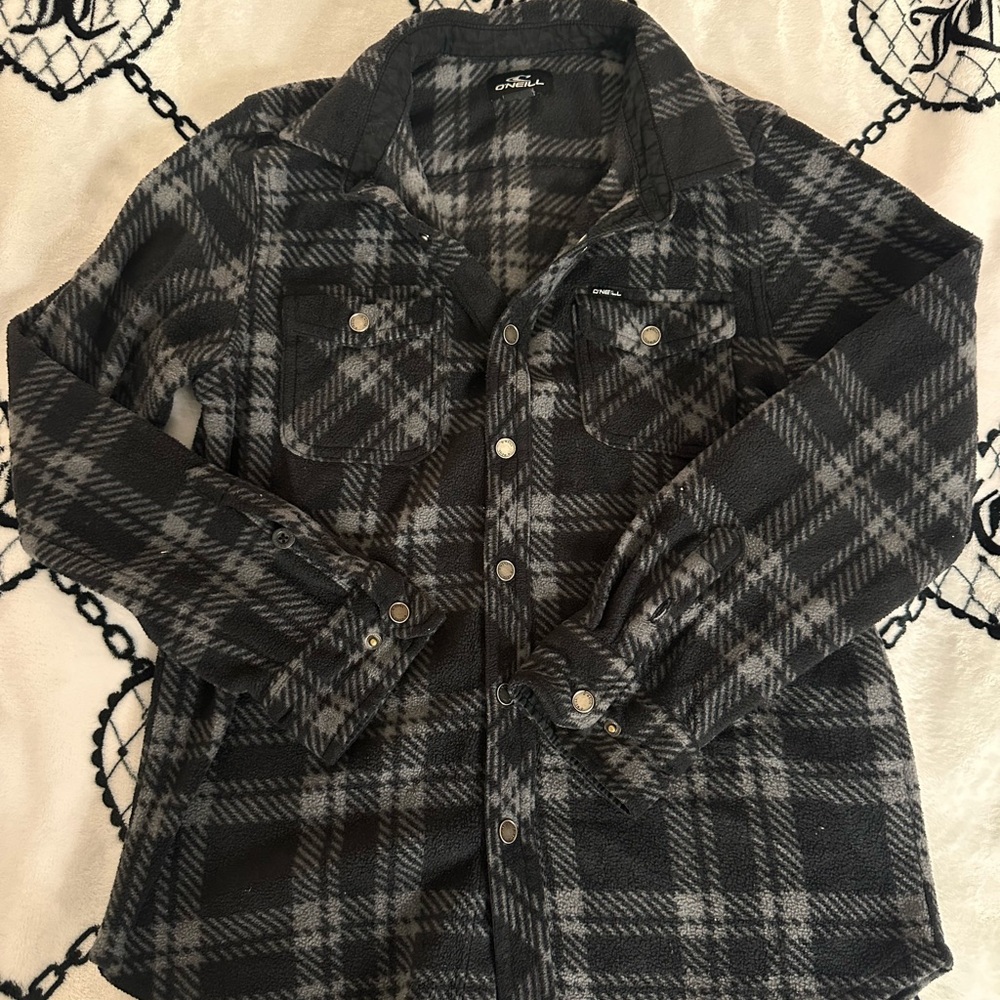 O'Neill Plaid Snap-Front Shacket in Black & Gray kids